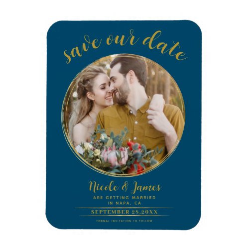 Ocean Blue  Gold Modern Round Photo Save the Date Magnet