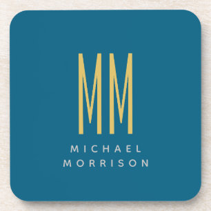 Ocean Blue Gold Monogram Initial Letters Name Beverage Coaster