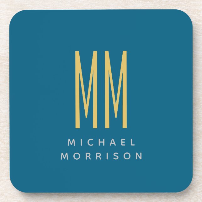 Ocean Blue Gold Monogram Initial Letters Name Beverage Coaster (Front)