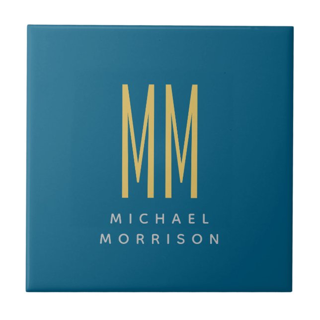 Ocean Blue Gold Monogram Initial Letters Name Ceramic Tile (Front)