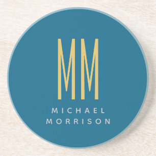Ocean Blue Gold Monogram Initial Letters Name Coaster