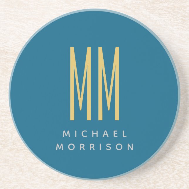 Ocean Blue Gold Monogram Initial Letters Name Coaster (Front)