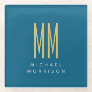 Ocean Blue Gold Monogram Initial Letters Name Glass Coaster
