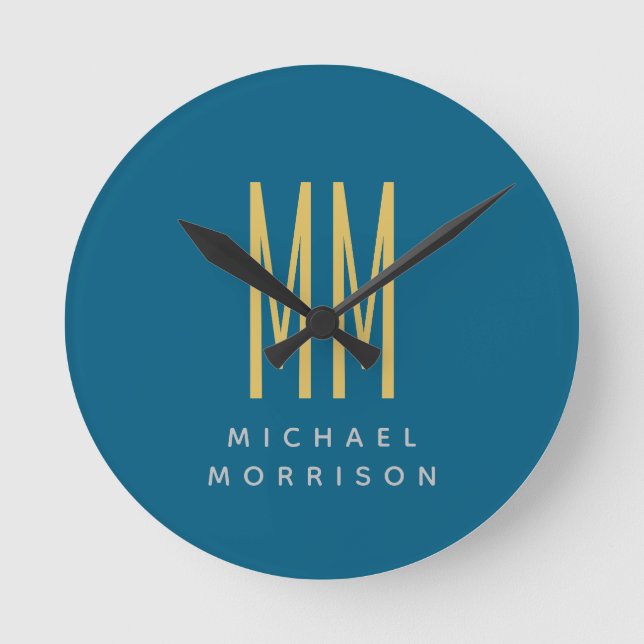 Ocean Blue Gold Monogram Initial Letters Name Round Clock (Front)