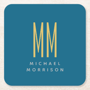 Ocean Blue Gold Monogram Initial Letters Name Square Paper Coaster