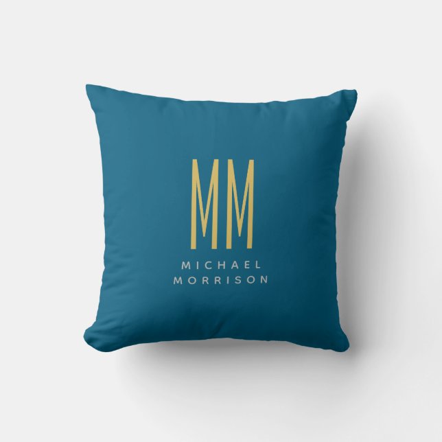 Ocean Blue Gold Monogram Initial Letters Name Throw Pillow (Front)