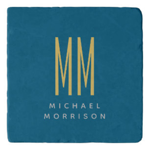 Ocean Blue Gold Monogram Initial Letters Name Trivet