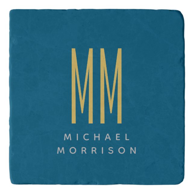 Ocean Blue Gold Monogram Initial Letters Name Trivet (Front)