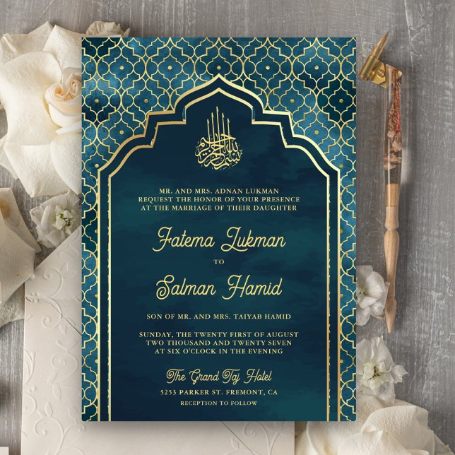 Ocean Blue Gold Moroccan Arch Muslim Wedding Invitation (Creator Uploaded)