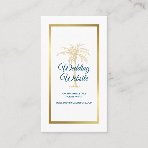 Ocean Blue Gold Palm Tree Beach Wedding Website Enclosure Card