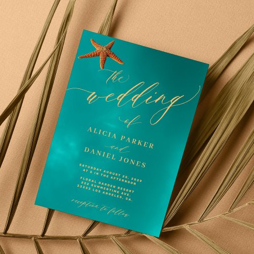 Ocean blue gold script beach destination wedding  invitation