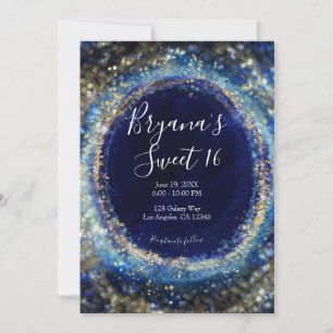 Ocean Blue & Gold Sparkling Lights Sweet 16 Party Invitation