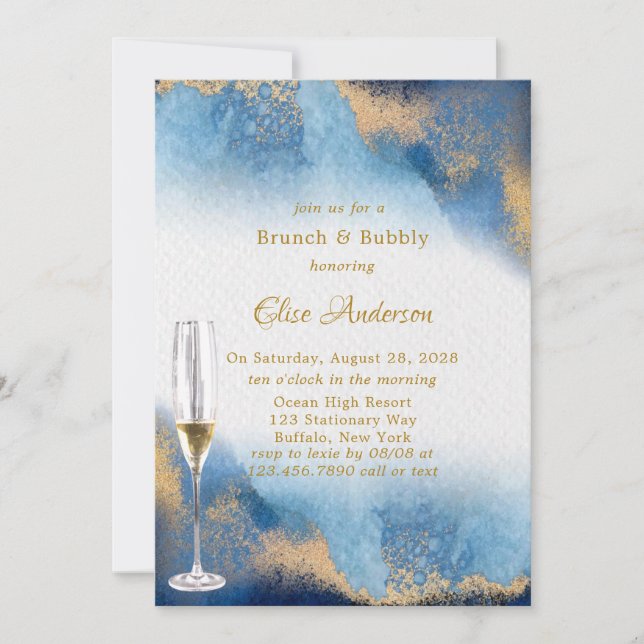 Ocean Blue Golden Watercolor Brunch & Bubbly Invitation (Front)