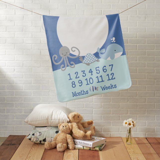 Ocean Blue Gray and White Baby Milestone Blanket (In Situ)