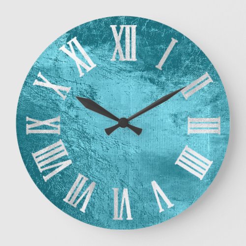 Ocean Blue Gray Silver Leather Metallic Glass Large Clock
