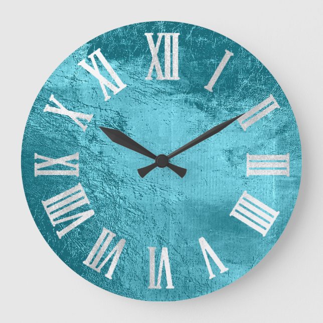 Ocean Blue Gray Silver Leather Metallic Glass Large Clock (Front)