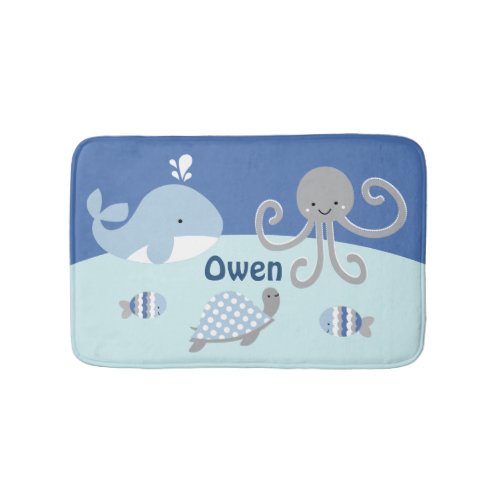 Ocean Blue Gray Whale Sea Life Kids Bath Mat