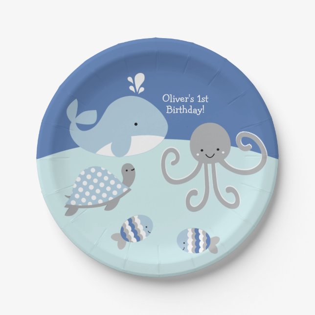 Ocean Blue Gray Whale Sea Life Party Plate (Front)