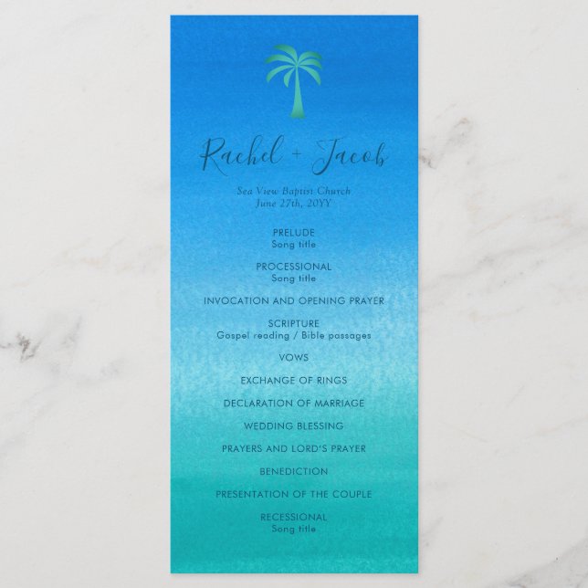 Ocean Blue Green Beach Tropical Palm Tree Wedding Program (Front)