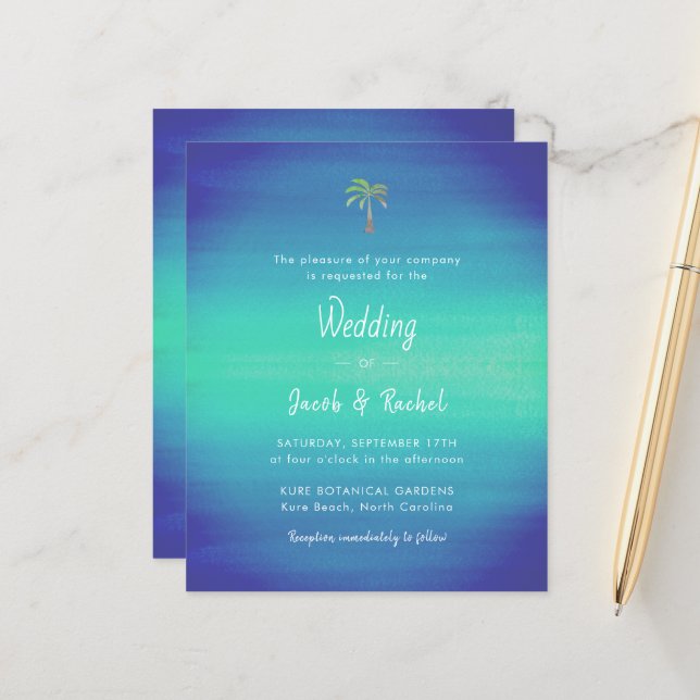 Ocean Blue Green Tropical Palm Wedding Invitation (Front/Back In Situ)