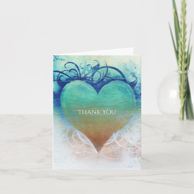 Ocean Blue Heart Grunge Beach Tropical Thank You Card (Front)
