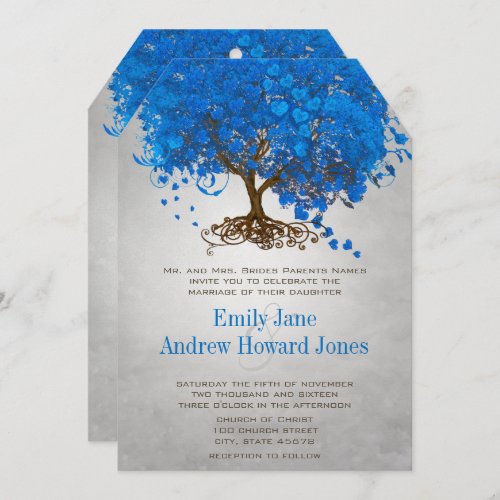 Ocean Blue Heart Leaf Tree Wedding Invites