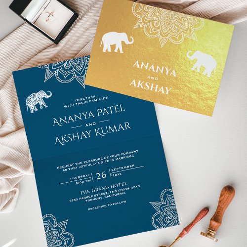 Ocean Blue Henna Elephant Indian Wedding Gold Foil Card