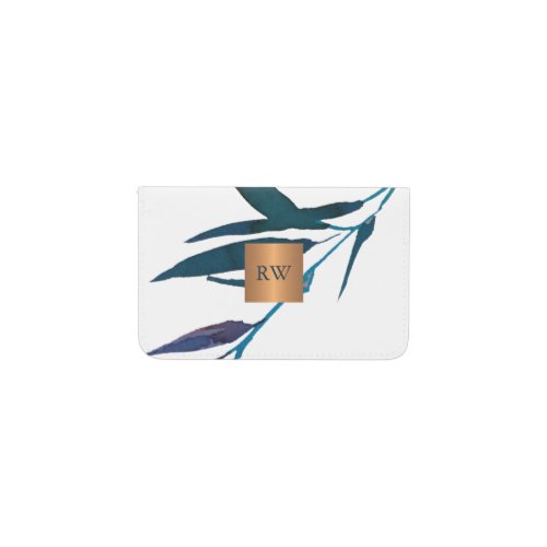 Ocean blue laurel metallic copper square monogram card holder