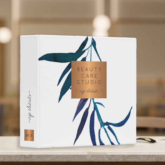 Ocean blue leaf gold copper metallic label 3 ring binder (Creator Uploaded)