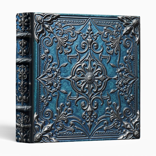 Ocean Blue Leather Silver Trimmed Fantasy 3 Ring Binder (Front/Spine)