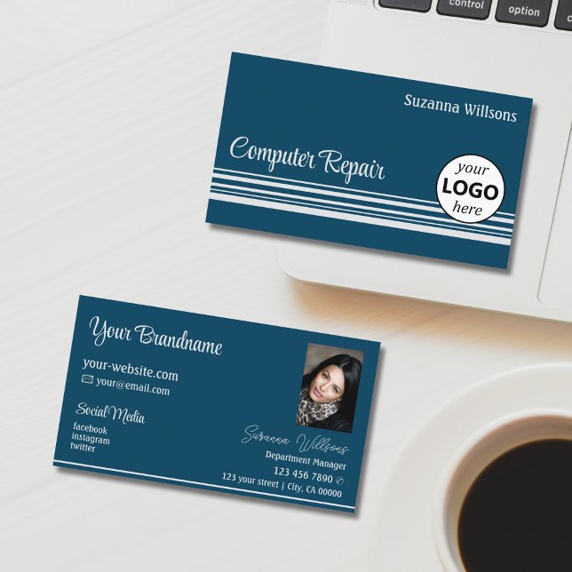 Ocean Blue Light Gray Stripes with Logo and Photo Business Card (Creator Uploaded)