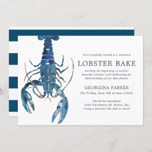Ocean Blue Lobster Bake Birthday   Striped Invitation