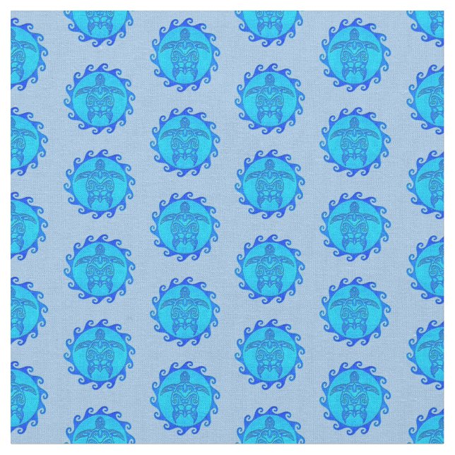 Ocean Blue Maori Sun Tribal Turtles Fabric (Close Up)