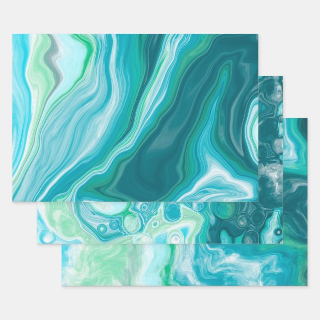 Ocean Blue Marble Fluid Art Birthday Wrapping Paper Sheets (Set)