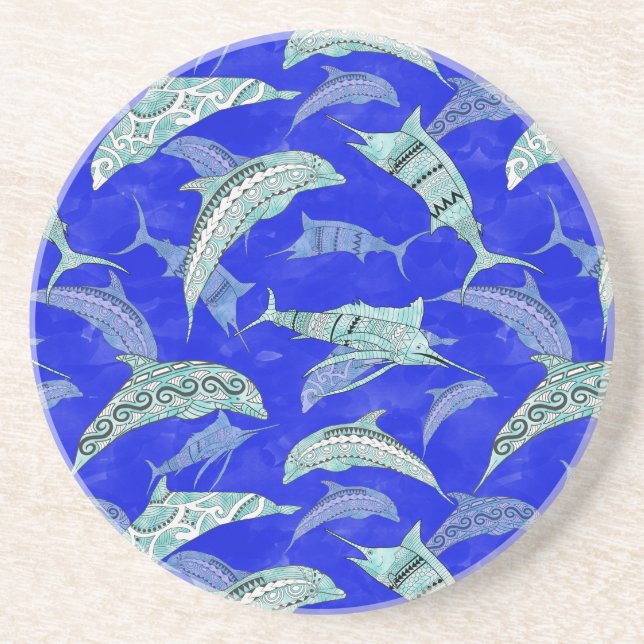Ocean Blue Marine Animals Dolphins Marlins Coaster (Front)