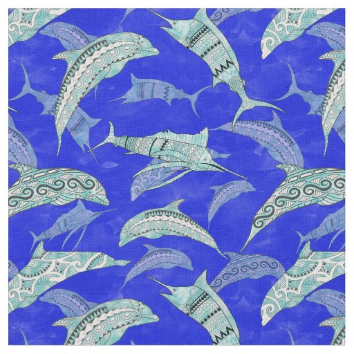 Ocean Blue Marine Animals Dolphins Marlins Fabric