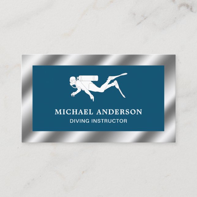 Ocean Blue Metallic Steel Scuba Diving Instructor Business Card (Front)