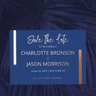 Ocean Blue Minimal Lines Wedding Save The Date Foil Invitation