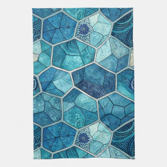 Ocean Blue Mosaic Pattern – Irregular Polygon Kitchen Towel (Vertical)