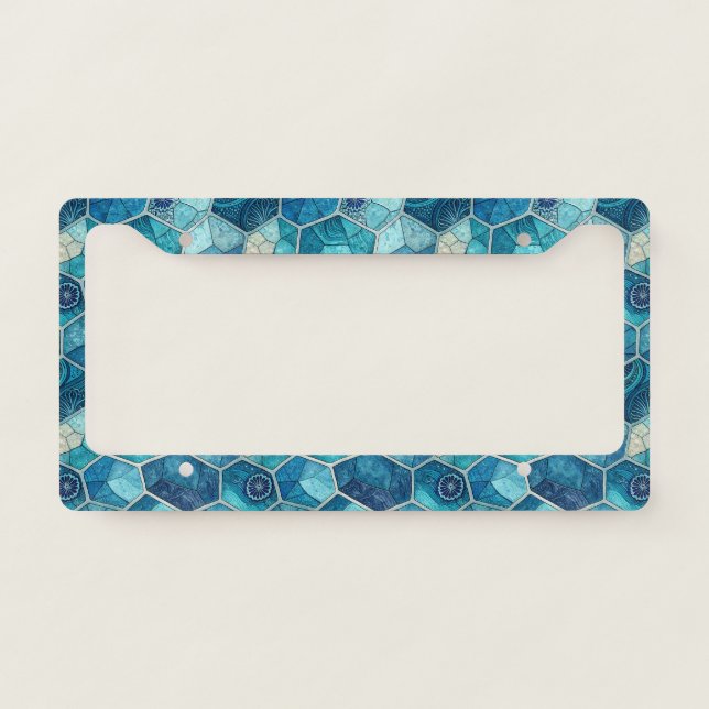 Ocean Blue Mosaic Pattern – Irregular Polygon License Plate Frame (Front)