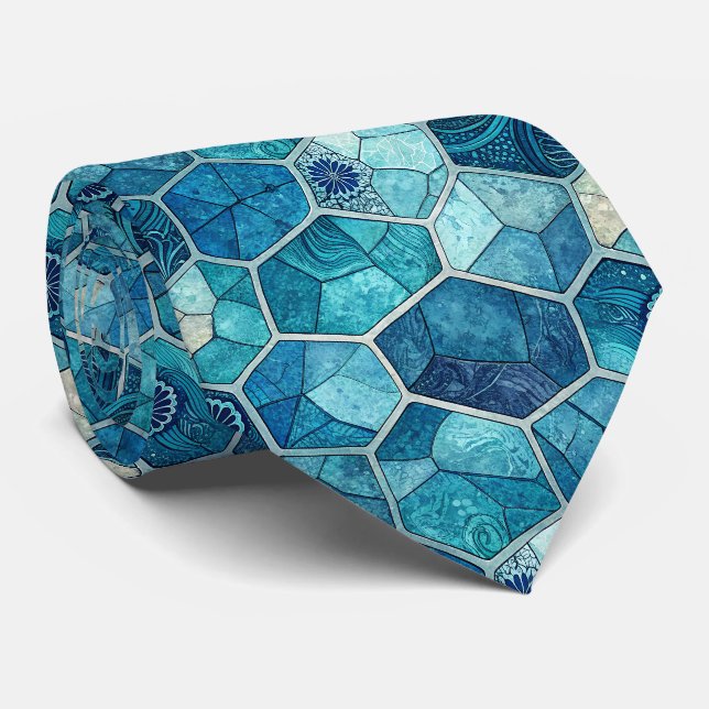 Ocean Blue Mosaic Pattern – Irregular Polygon Neck Tie (Rolled)