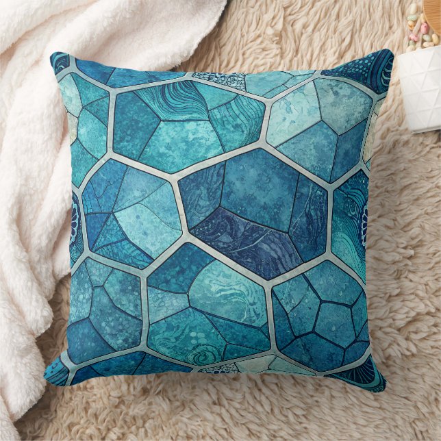 Ocean Blue Mosaic Pattern – Irregular Polygon Throw Pillow (Blanket)