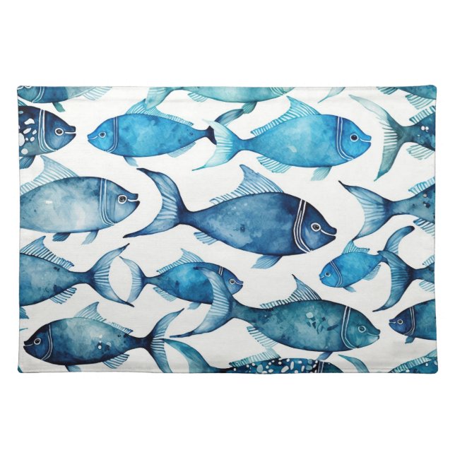 Ocean Blue Navy Fish | Nautical Beach House Table Cloth Placemat (Front)