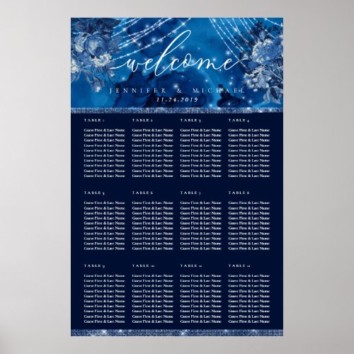 Ocean Blue Navy Floral Table Plan Seating Poster