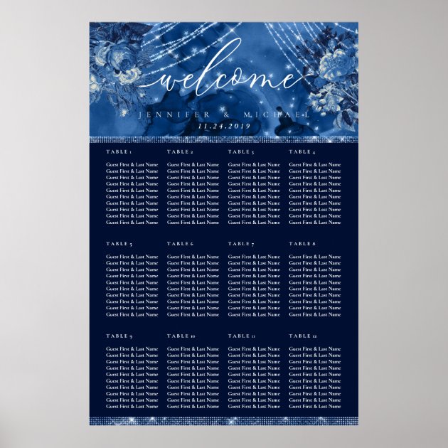 Ocean Blue Navy Floral Table Plan Seating Poster