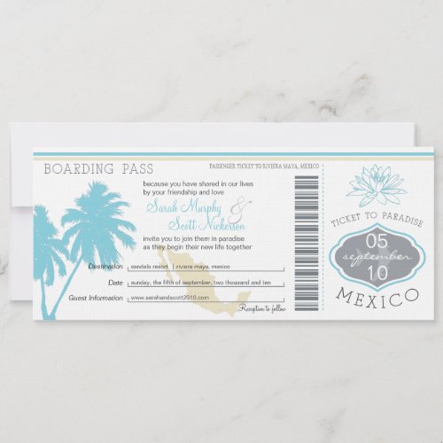 Ocean Blue Palm Tree  Mexico Wedding Boarding Pass Invitation