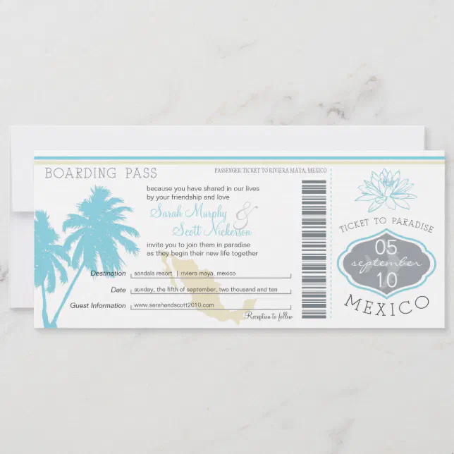 Ocean Blue Palm Tree Mexico Wedding Boarding Pass Invitation | Zazzle