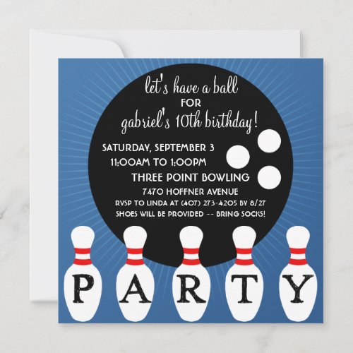 Ocean Blue Pin Party Bowling Birthday Party Invitation