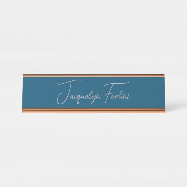 Ocean Blue Plain Elegant Minimalist Calligraphy Desk Name Plate (Front)
