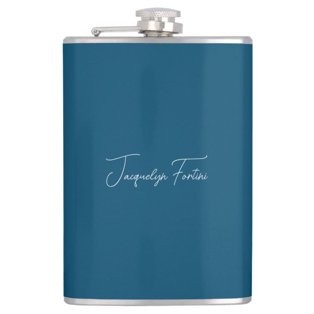 Ocean Blue Plain Elegant Minimalist Calligraphy Flask (Front)